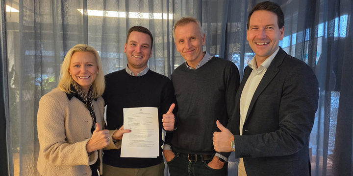 Fra venstre, Benedicte Eian Iversen, daglig leder i Gründeriet, Aleksander O. Knudsen, bedriftsrådgiver i Mobit Sandefjord, Rune Steinsvik, daglig leder i Mobit Sandefjord og Lars Chr. Nilsen Carlander, forretningsutvikler i Gründeriet